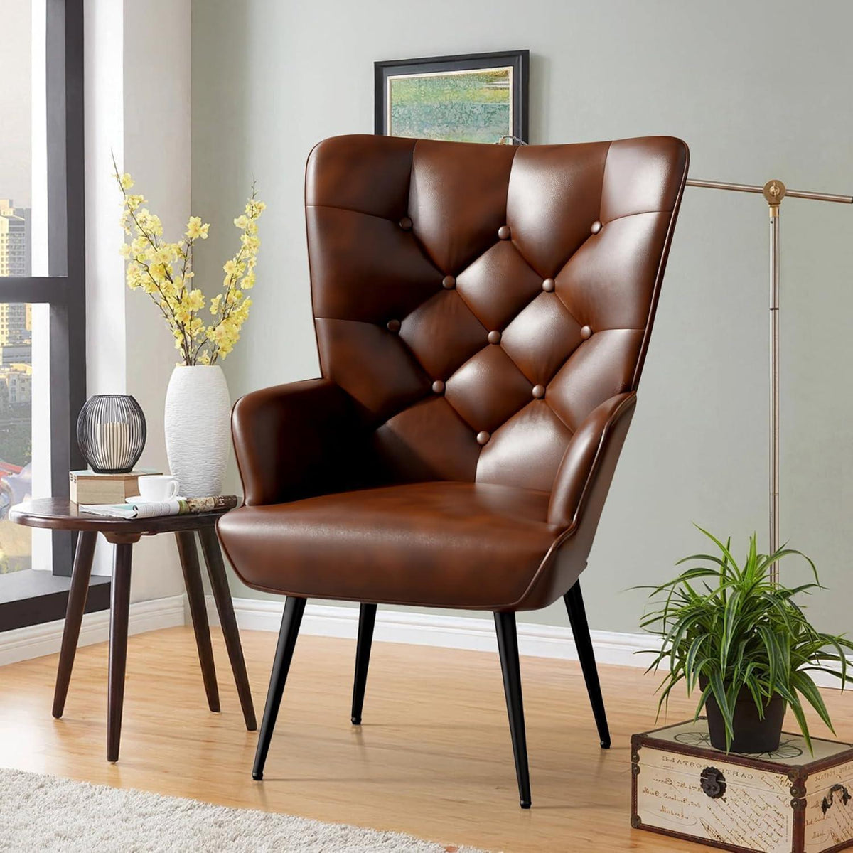 2er-Set Eleganter Ohrensessel mit Metallbeinen, Braun