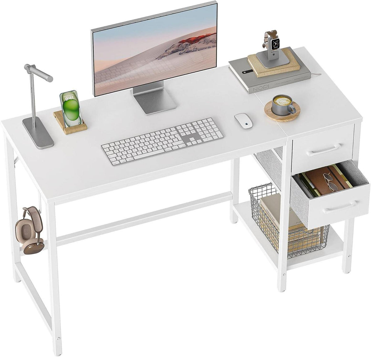 Schreibtisch mit Schubladen und Stahlgestell, Industrie-Design