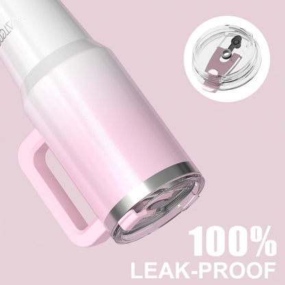 Thermosbecher 1182ml mit Griff und Strohhalm, Rosa Weiß Glänzend