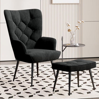 Eleganter Ohrensessel mit Hocker, Schwarz