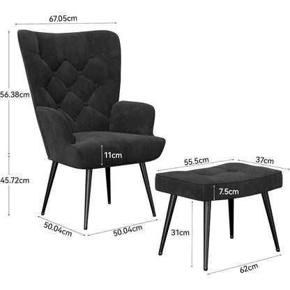 Eleganter Ohrensessel mit Hocker, Schwarz
