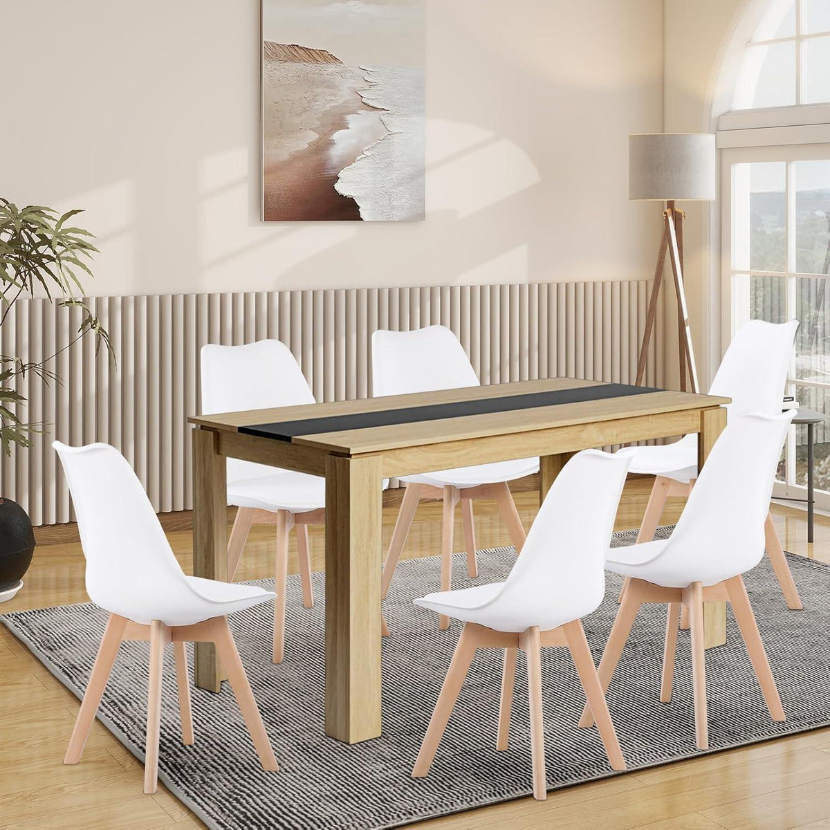 Essgruppe 140cm Eiche-Schwarz Tisch mit 6 weißen Stühlen