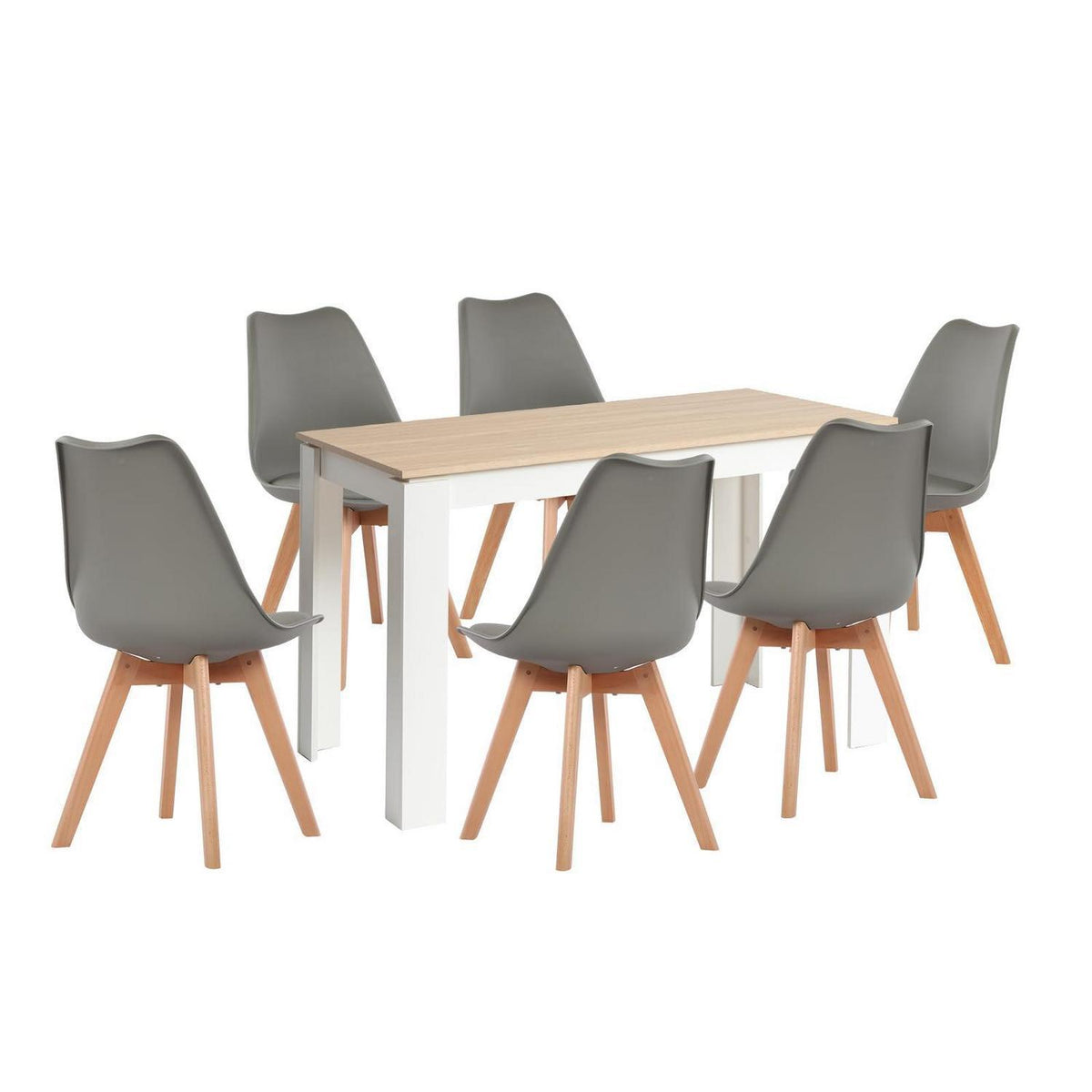 Essgruppe Eiche-Weiß mit 6 Grau Stühlen – Esszimmer Set 120cm