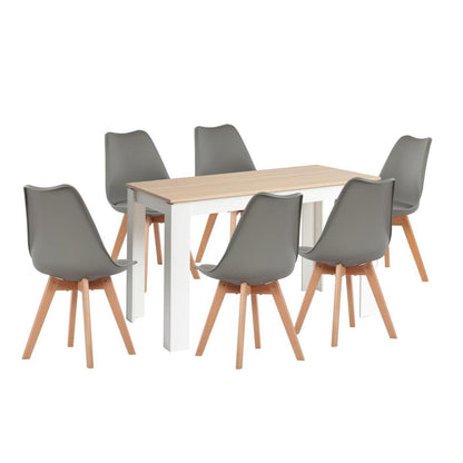 Essgruppe Eiche-Weiß mit 6 Grau Stühlen – Esszimmer Set 120cm