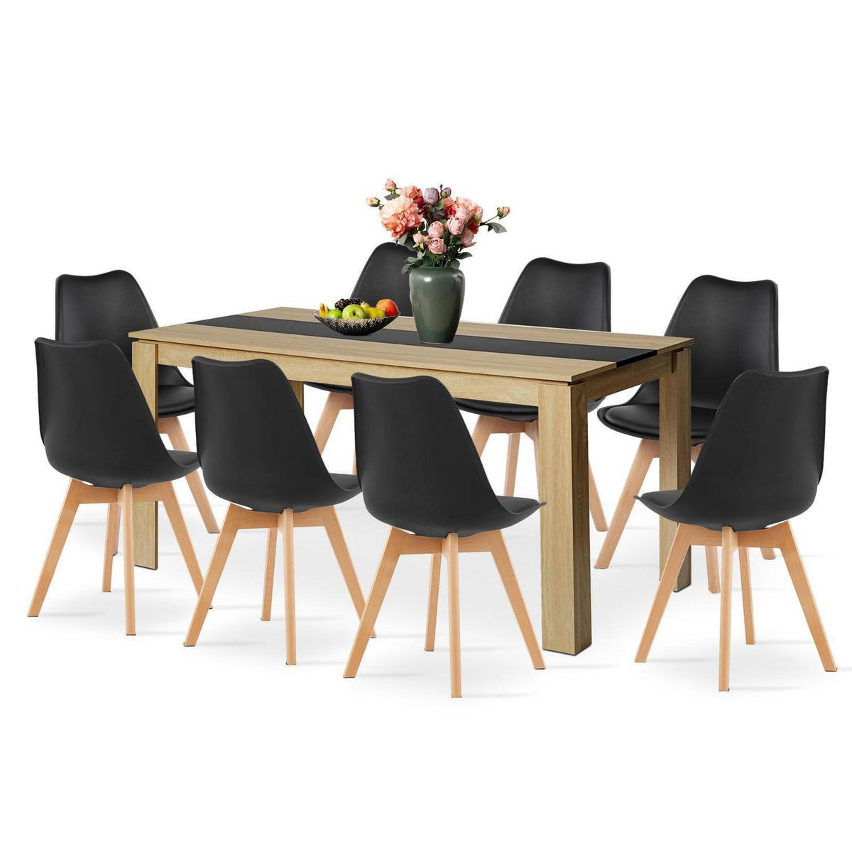 Essgruppe Esstisch mit 8 Stühlen – Eiche & Schwarz