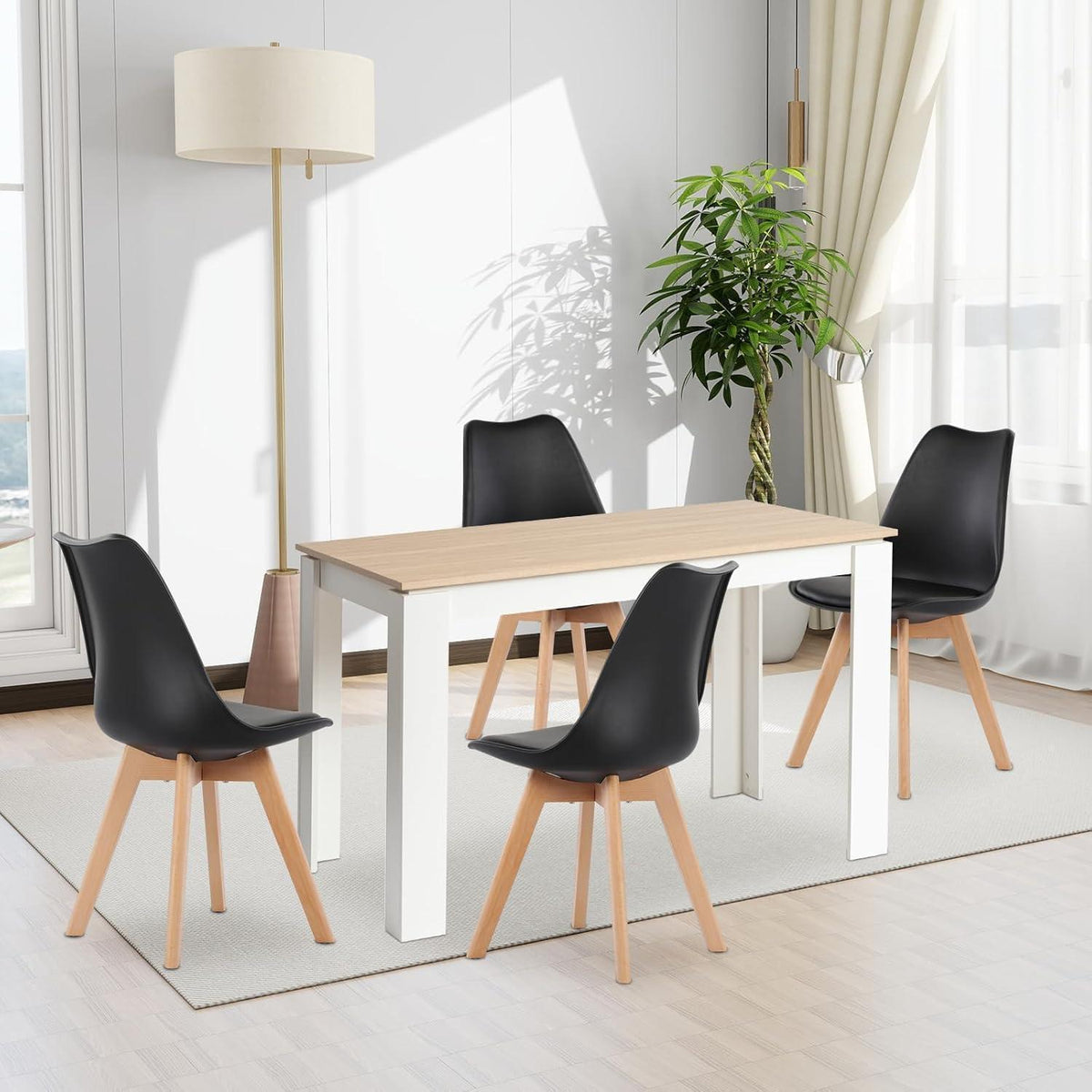 Essgruppe 120cm Eiche-Weiß mit 4 Schwarz Stühlen