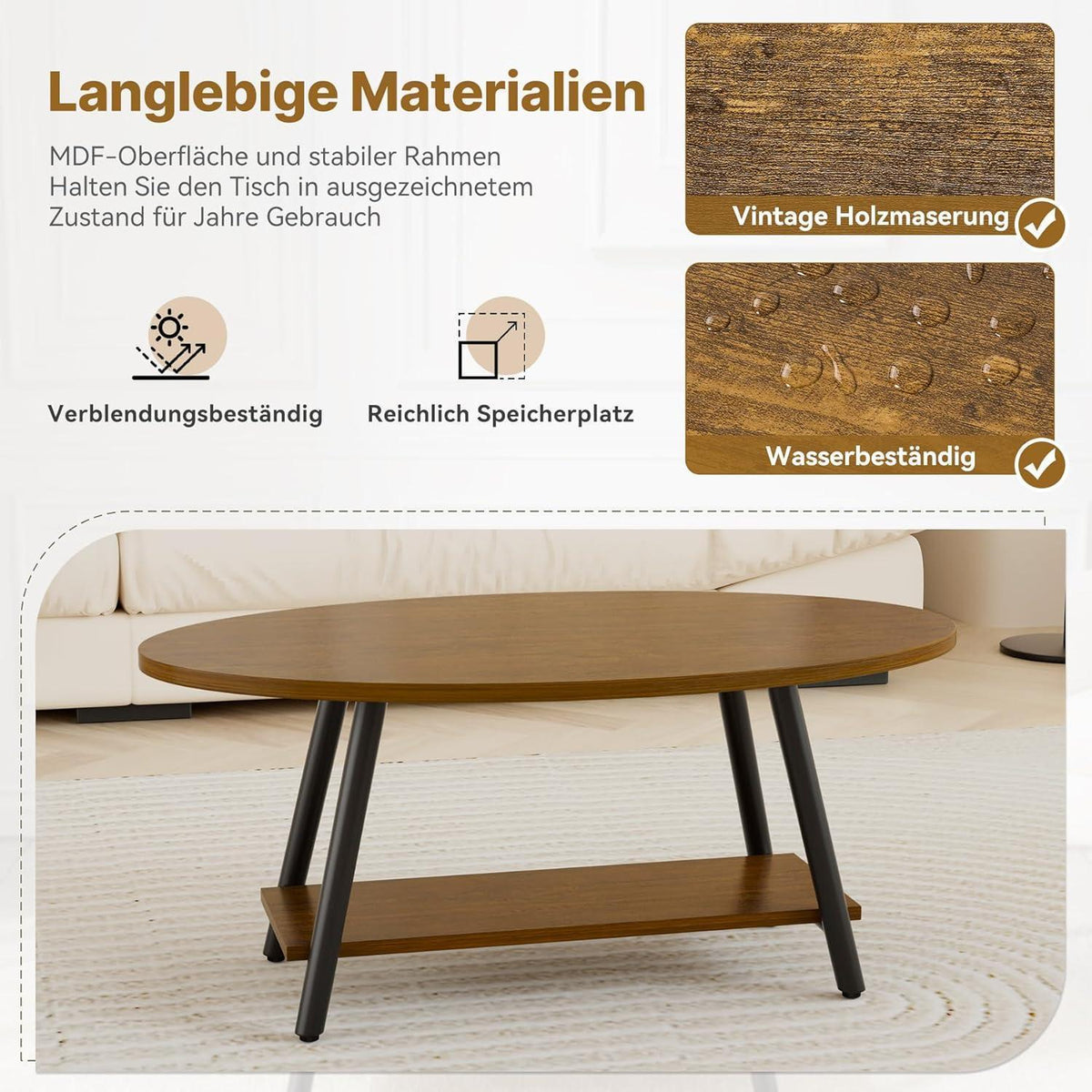 Runder Beistelltisch mit Stauraum, Massivholz & Metall, Vintage Braun