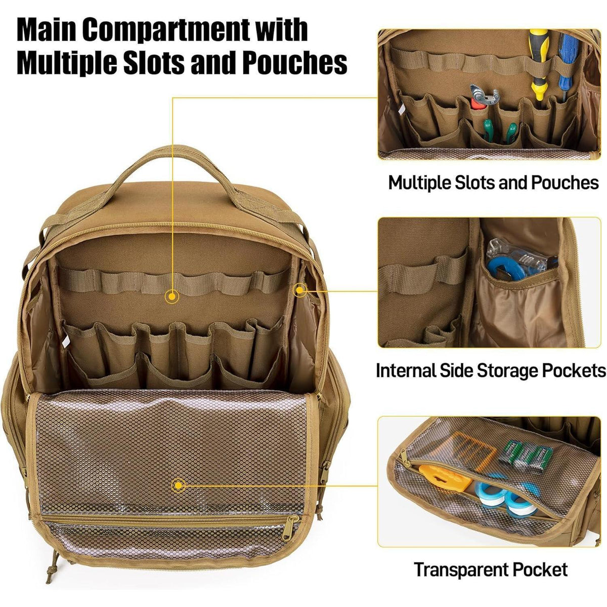 Werkzeugrucksack Khaki mit Organizer-Taschen für Handwerker