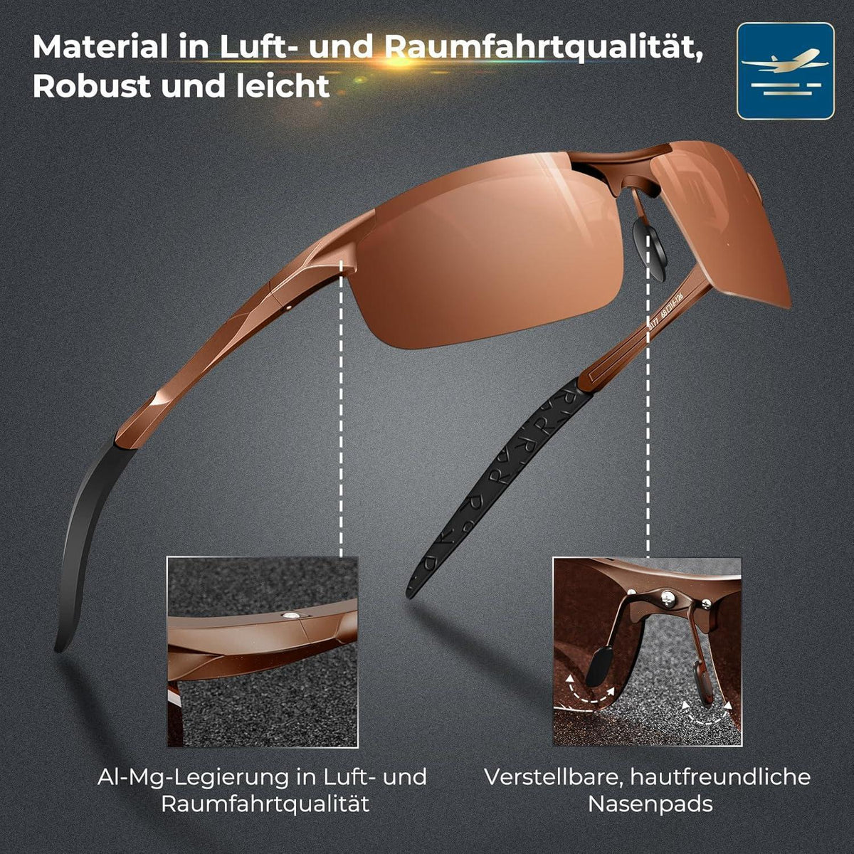 Polarisierte Sport Sonnenbrille Herren mit UV400 Schutz Braun