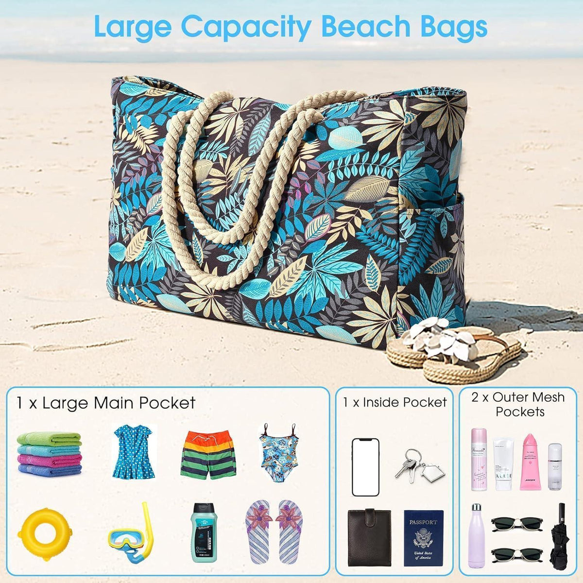 XXL Strandtasche mit Reißverschluss, Blaues Blatt
