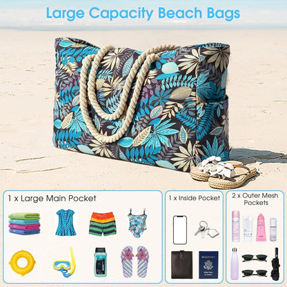 XXL Strandtasche mit Reißverschluss, Blaues Blatt