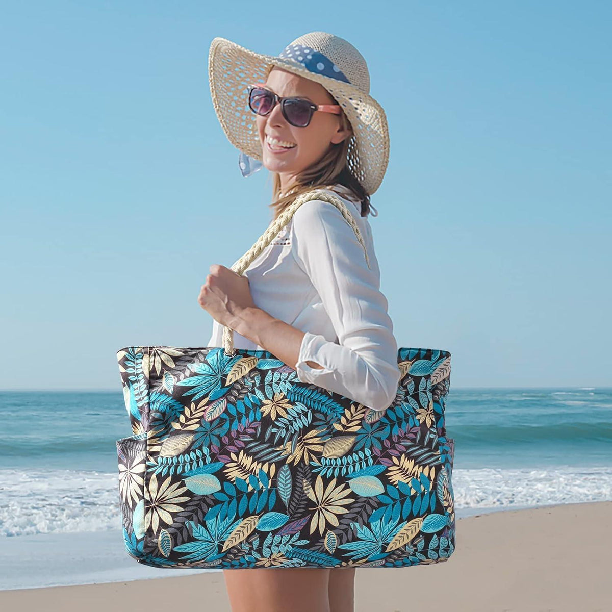 XXL Strandtasche mit Reißverschluss, Blaues Blatt