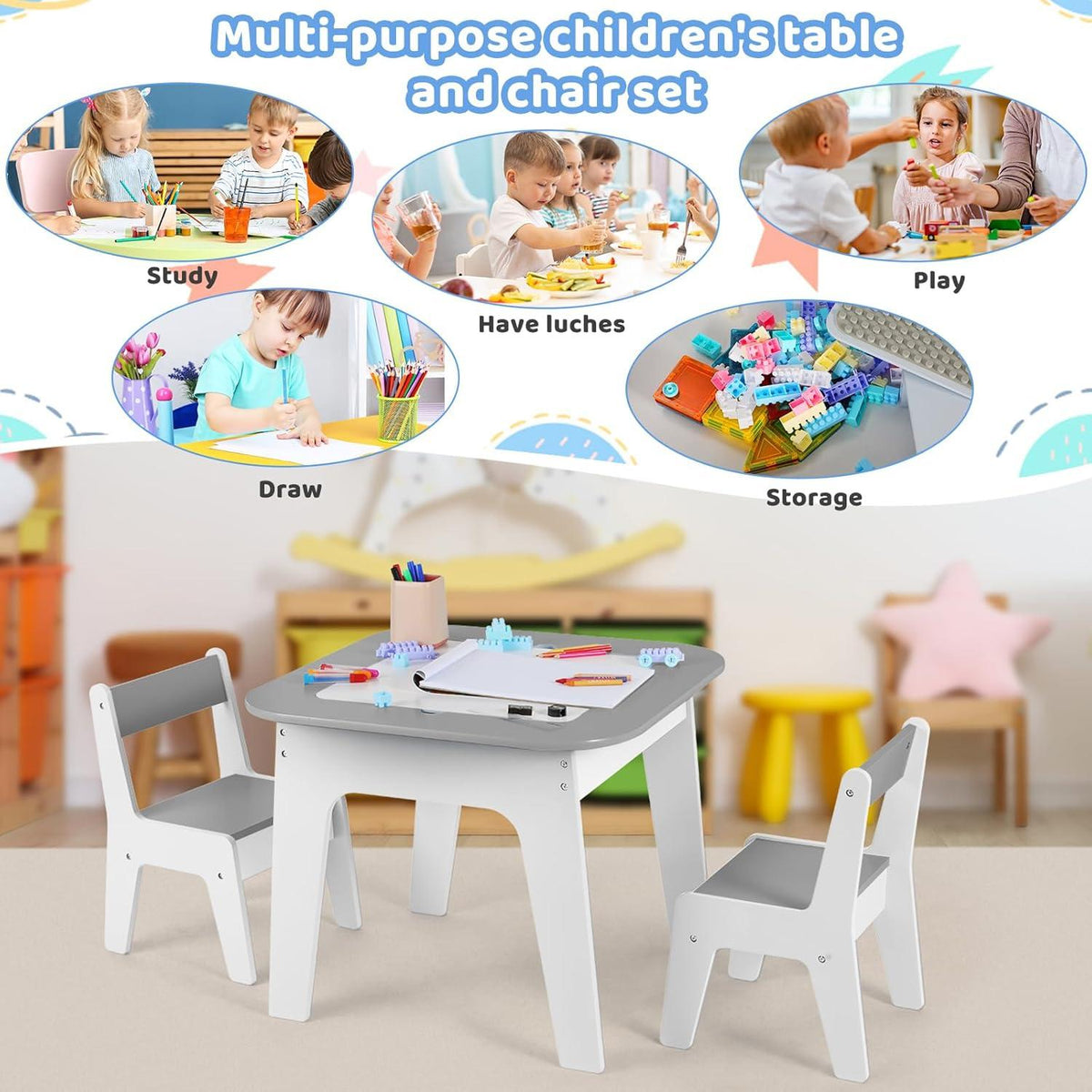 MAMIZO Kindertisch Stuhl Set Kindersitzgruppe mit Stauraum Grau