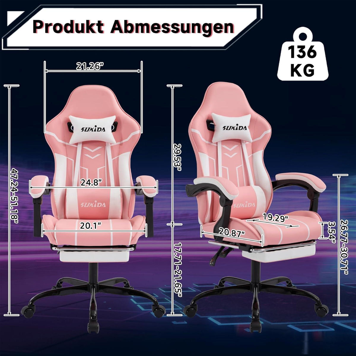 Gaming Stuhl mit Fußstütze Pinkwhite Ergonomischer Bürostuhl