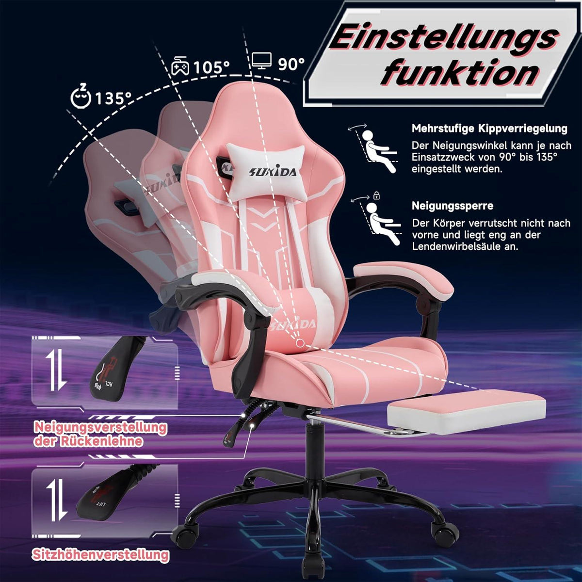 Ergonomischer Gaming Stuhl mit Fußstütze Lendenwirbelstütze