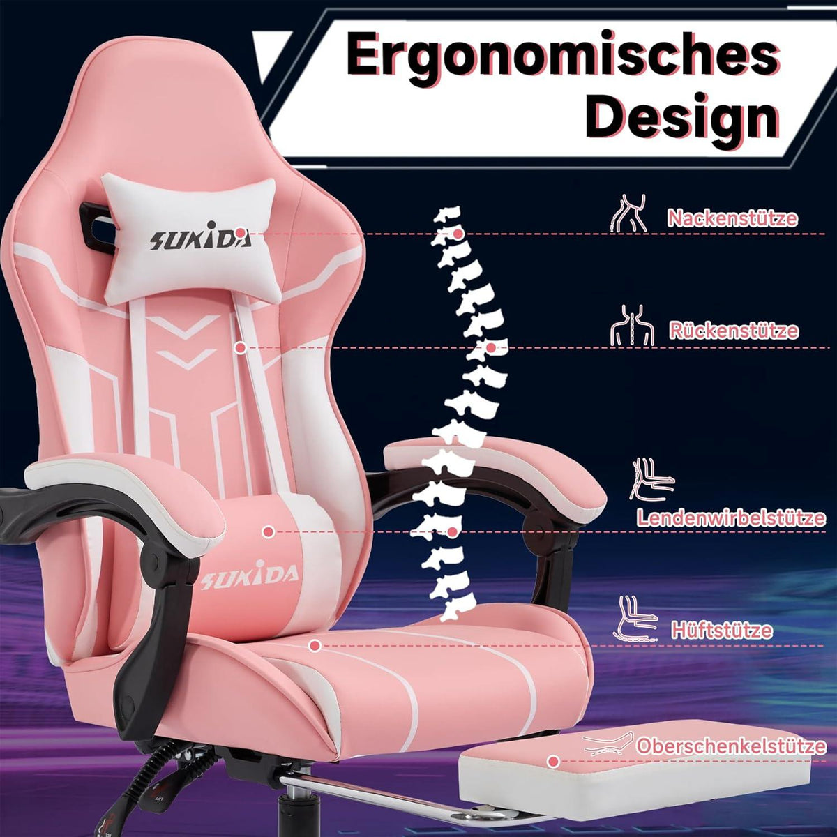 Ergonomischer Gaming Stuhl mit Fußstütze Lendenwirbelstütze