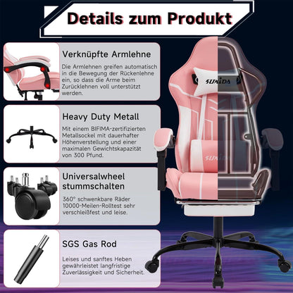 Ergonomischer Gaming Stuhl mit Fußstütze Lendenwirbelstütze