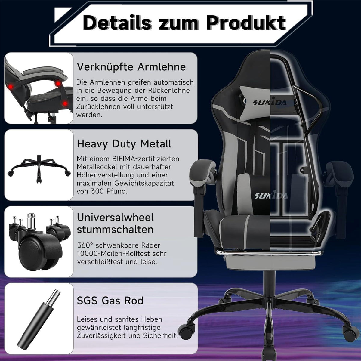 Ergonomischer Gaming Stuhl mit Fußstütze und Lendenwirbelstütze BlackGrey