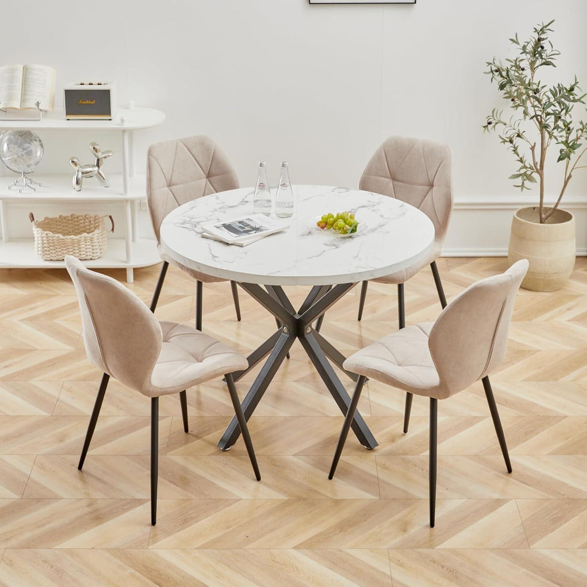 4er-Set Esszimmerstühle Leinenstoff, Beige, Gepolstert & Komfortabel