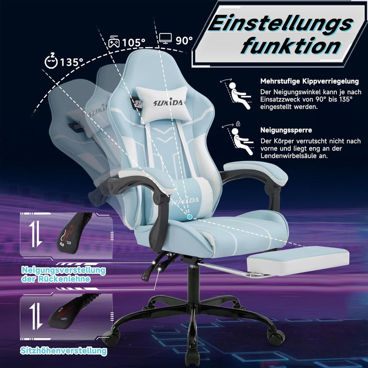 SUKIDA Gaming Stuhl Computerstuhl Ergonomischer Chair mit Fußstütze