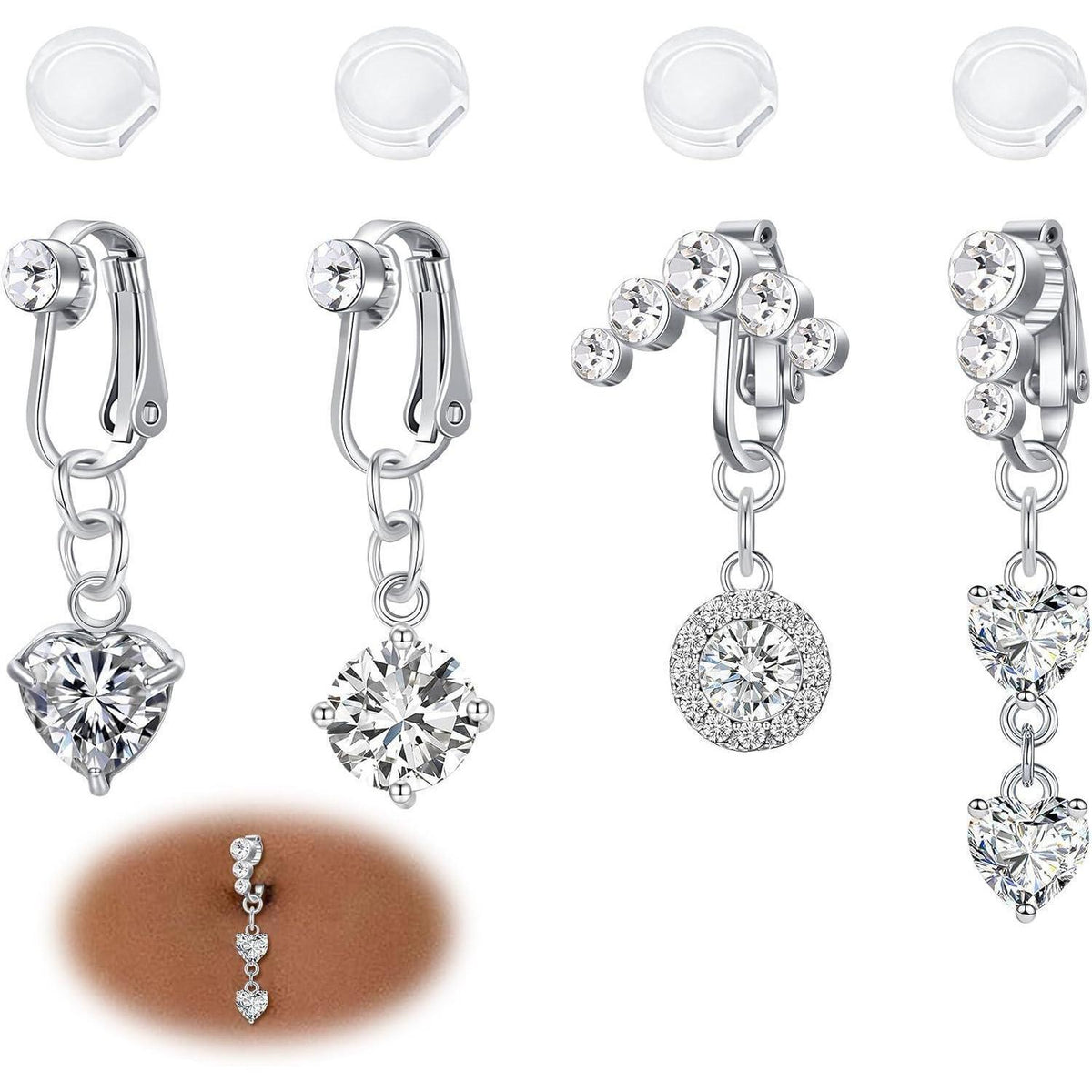 4er Set Fake Bauchnabelpiercing Clip-On Chirurgenstahl Silber