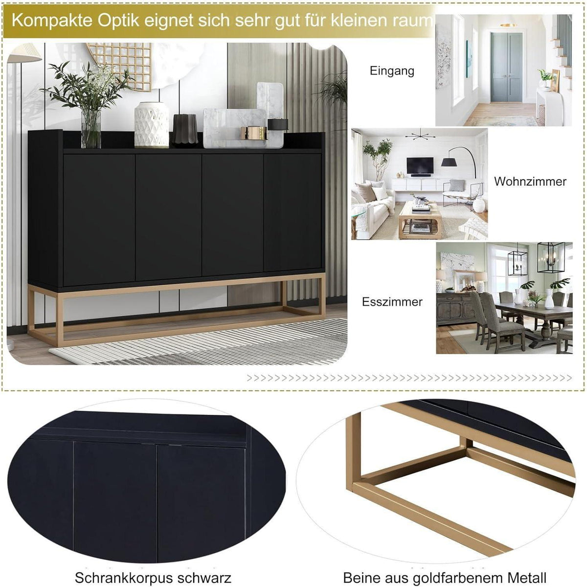 Modernes Sideboard mit 4 Türen – Schwarz, Minimalistisch & Vielseitig