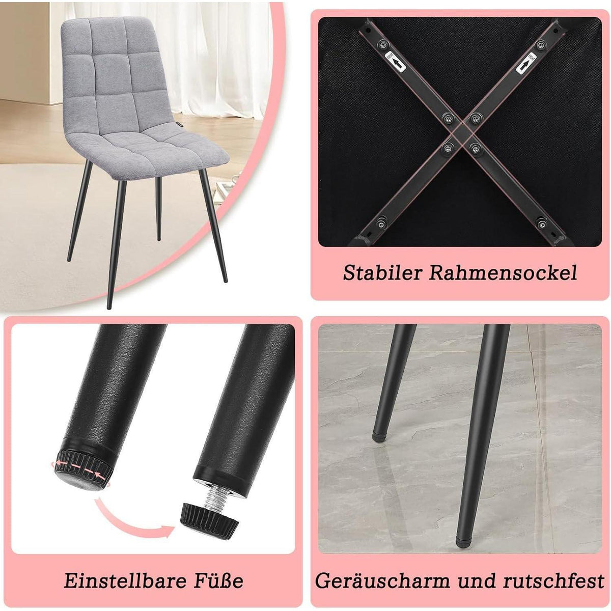 Essgruppe 140x80cm mit 4 gepolsterten Esszimmerstühlen Grau