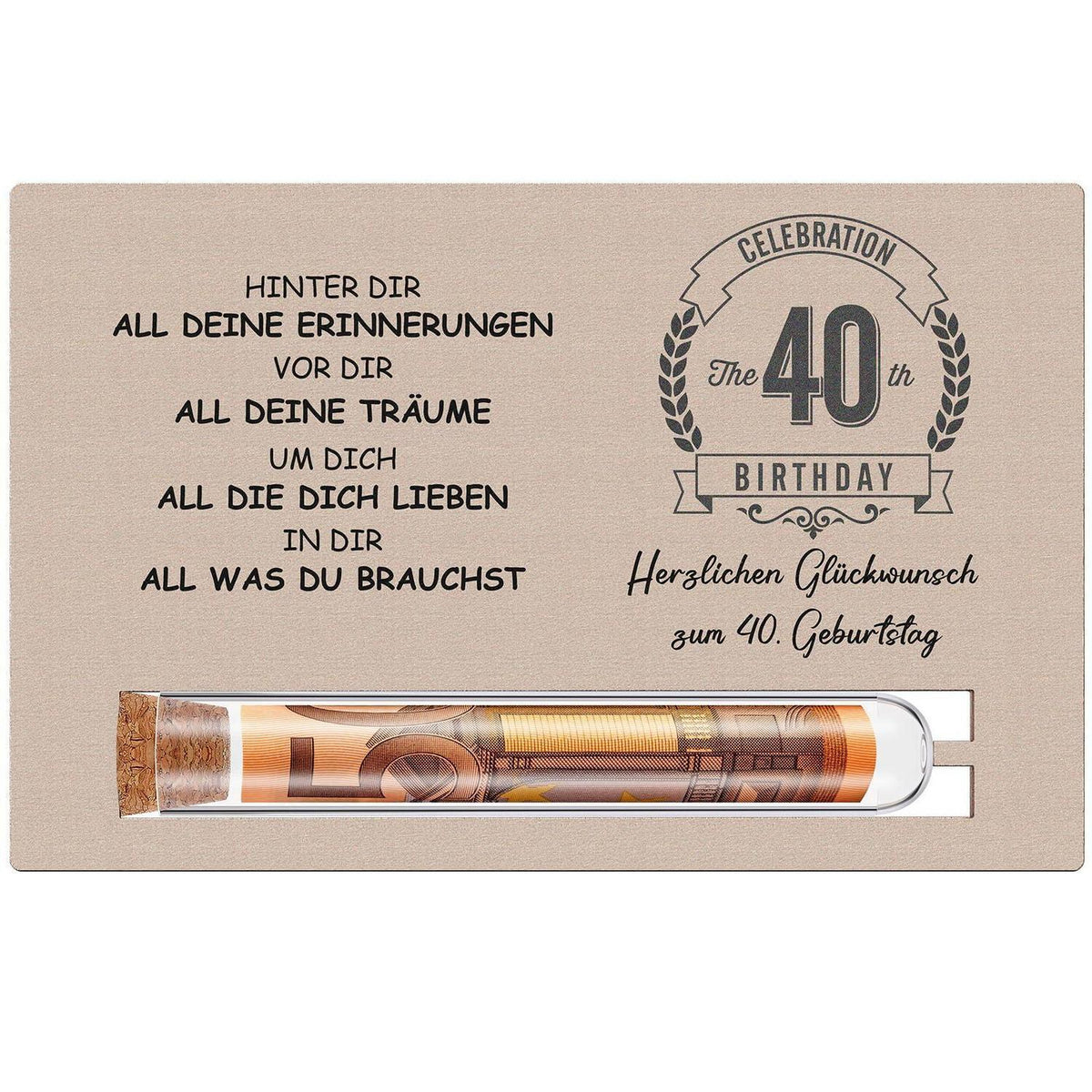 Geldgeschenk 40. Geburtstag mit Reagenzglas & Holzkarte