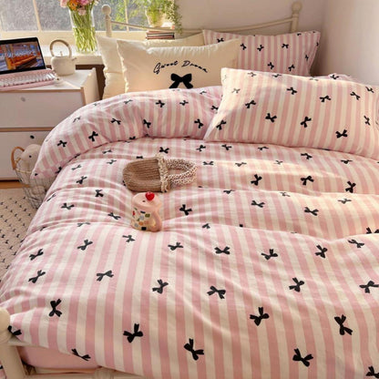 Bettwäsche Set 200x220 Weiß Rosa Schwarz Streifen Schleifen Mädchen