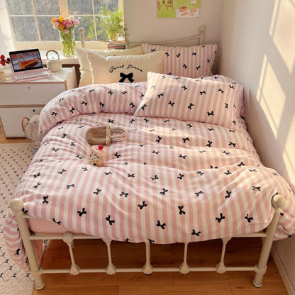 Bettwäsche Set 200x220 Weiß Rosa Schwarz Streifen Schleifen Mädchen
