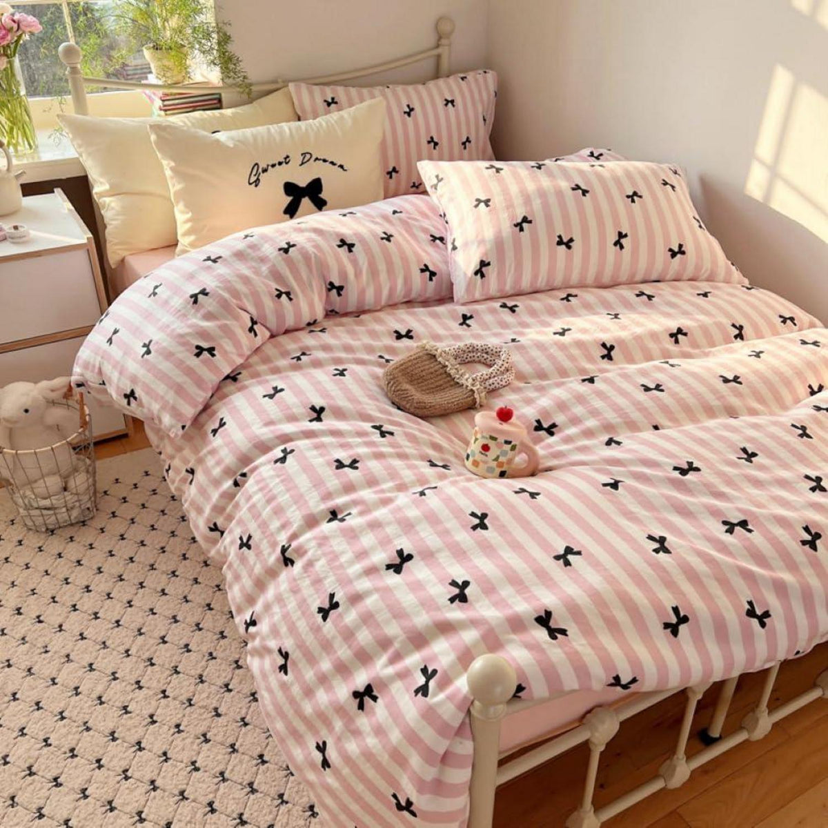 Bettwäsche Set 200x220 Weiß Rosa Schwarz Streifen Schleifen Mädchen