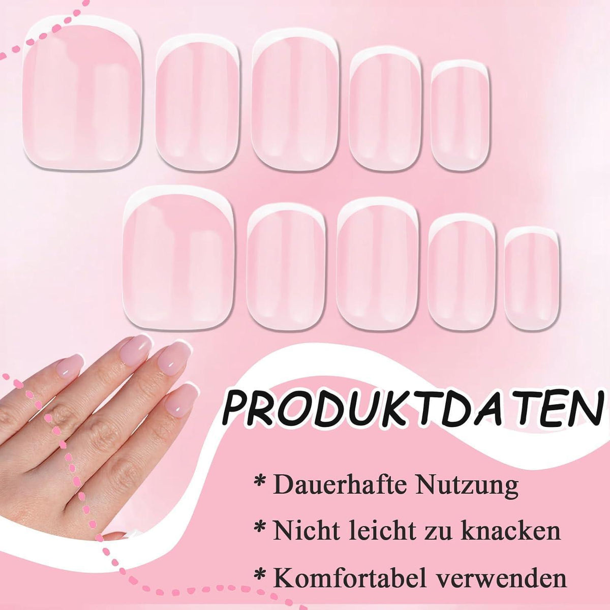 24 Rosa French Press on Nails - Kurze, Quadratische Fake Nägel