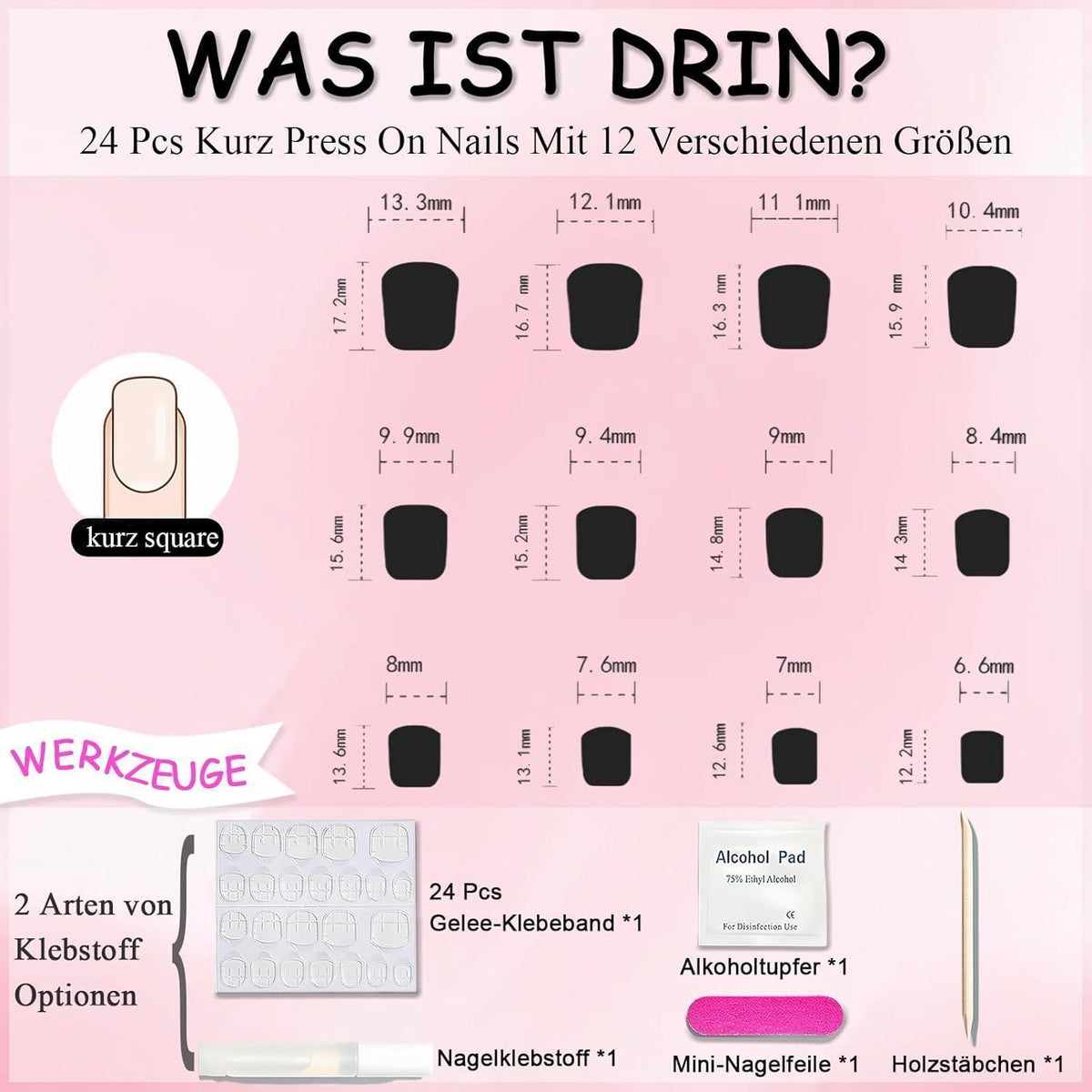 24 Rosa French Press on Nails - Kurze, Quadratische Fake Nägel