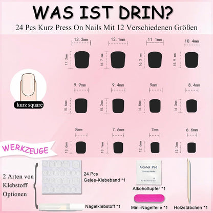 24 Rosa French Press on Nails - Kurze, Quadratische Fake Nägel