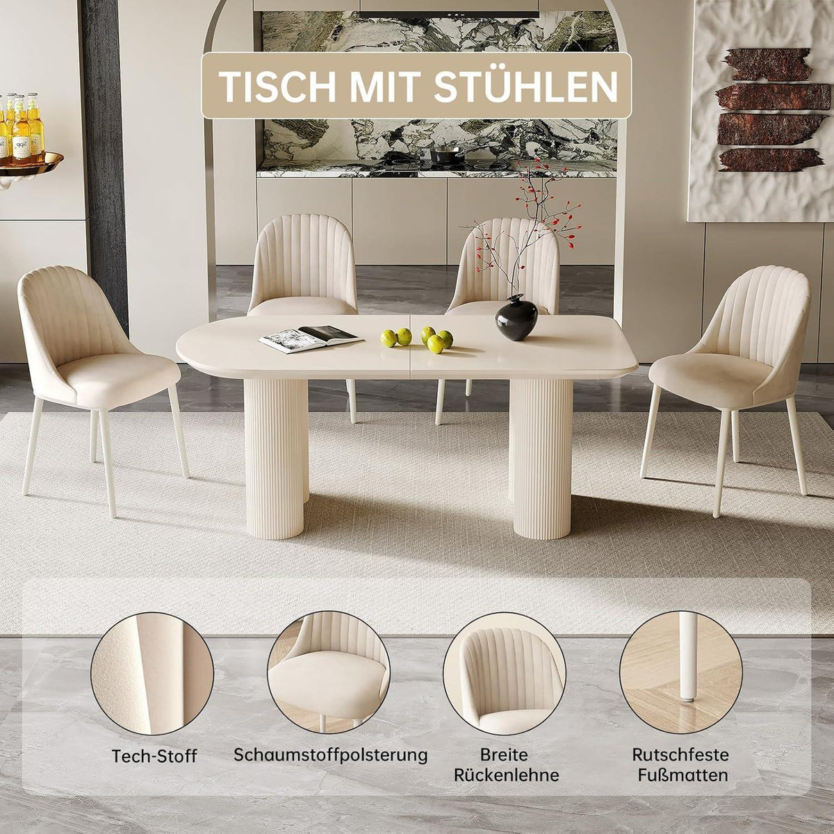Moderner Esstisch Weiß mit 6 Polsterstühlen – Esszimmer Set 180cm