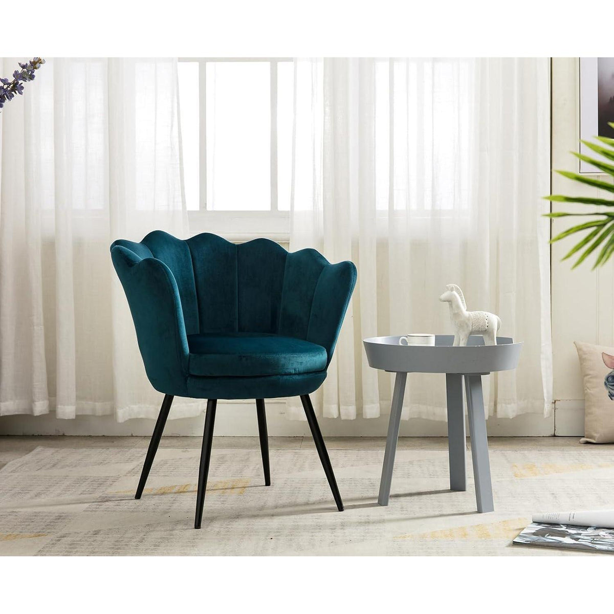 Samt Sessel Wohnzimmer mit Blumenform & Schwarz Beinen – Teal