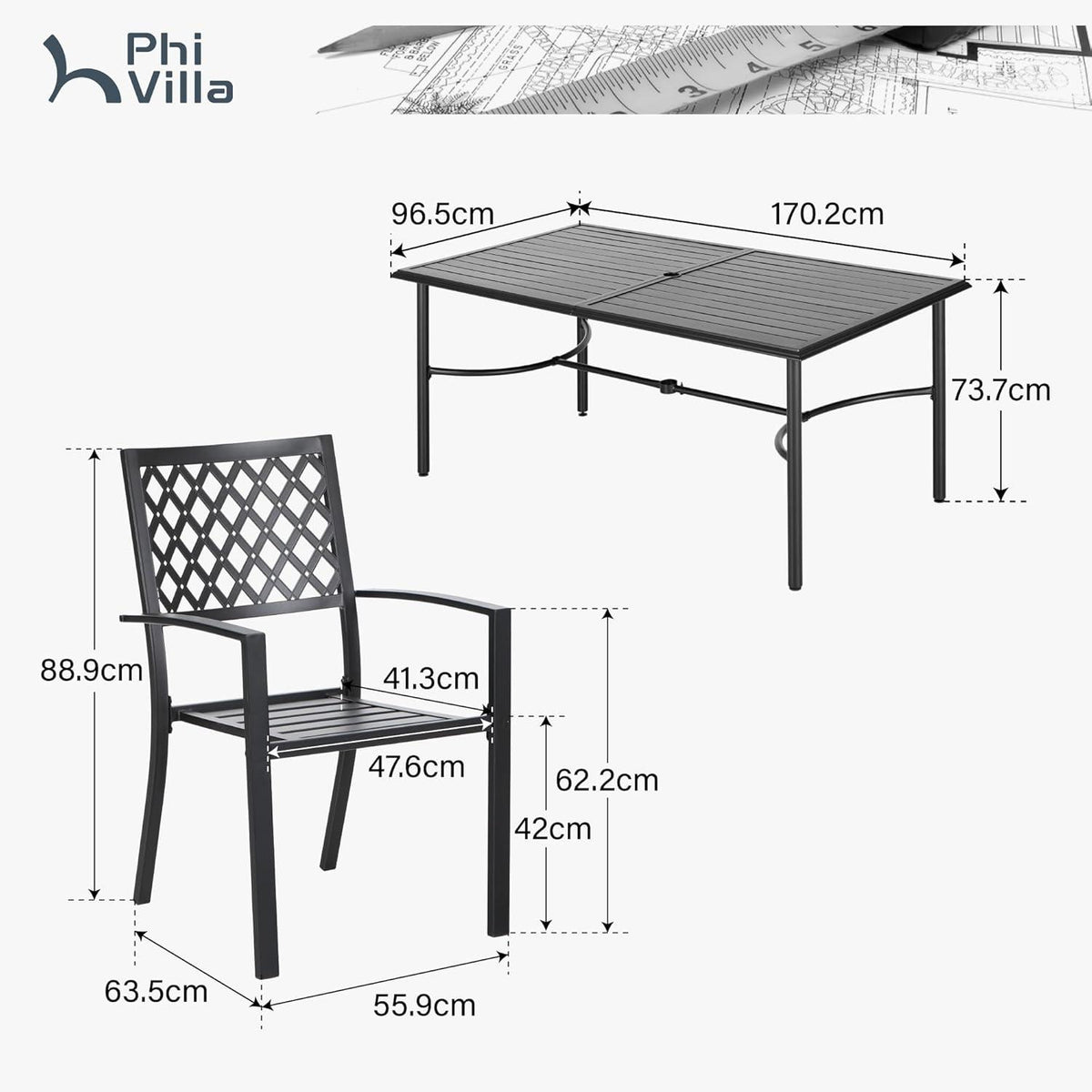 Gartenmöbel Set mit Tisch und 6 stühlen, Schwarz, Wetterfest, Metall