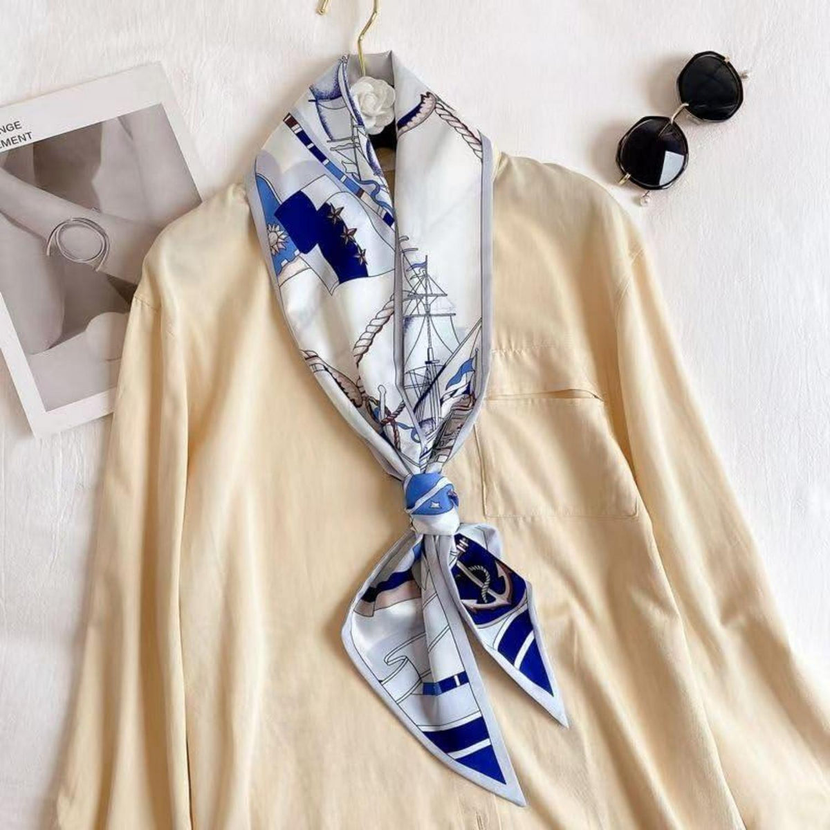 Seidenschal Damen 148cm mit Doppel-Lage Bund für Blazer, Mantel, Kleid
