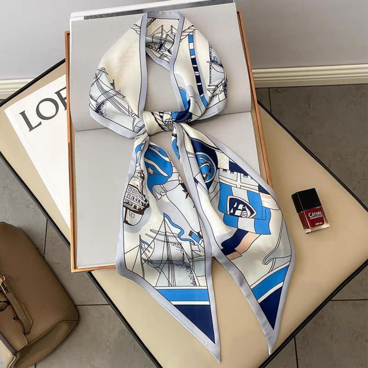 Seidenschal Damen 148cm mit Doppel-Lage Bund für Blazer, Mantel, Kleid