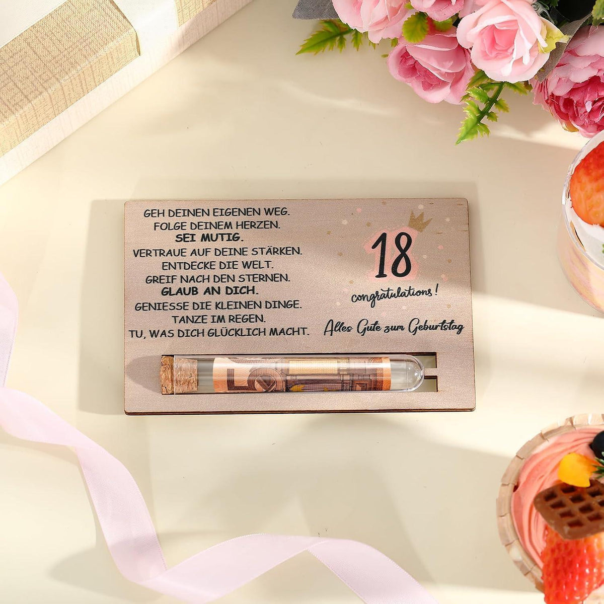 18. Geburtstag Geschenkset mit Reagenzglas & Holzkarte