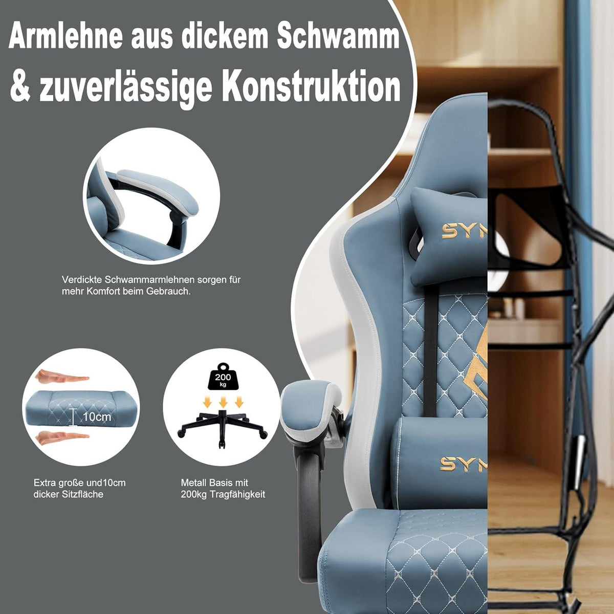 Gaming Stuhl Symino Racing Gamer Sessel Lendenwirbelstütze Fußstütze PU-Leder