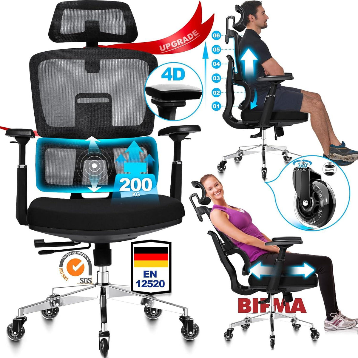 Bürostuhl 200KG Upgrade Gummirollen 4D-Armlehnen Testsieger