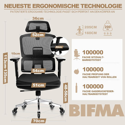 Bürostuhl 200KG Upgrade 4D-Armlehnen Ergonomisch Testsieger