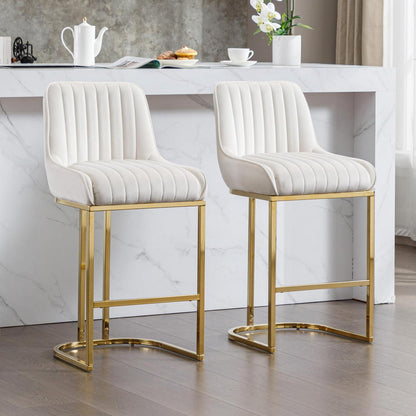 Barhocker Set 2er – Samt, Goldenes Metallbein, Weiß