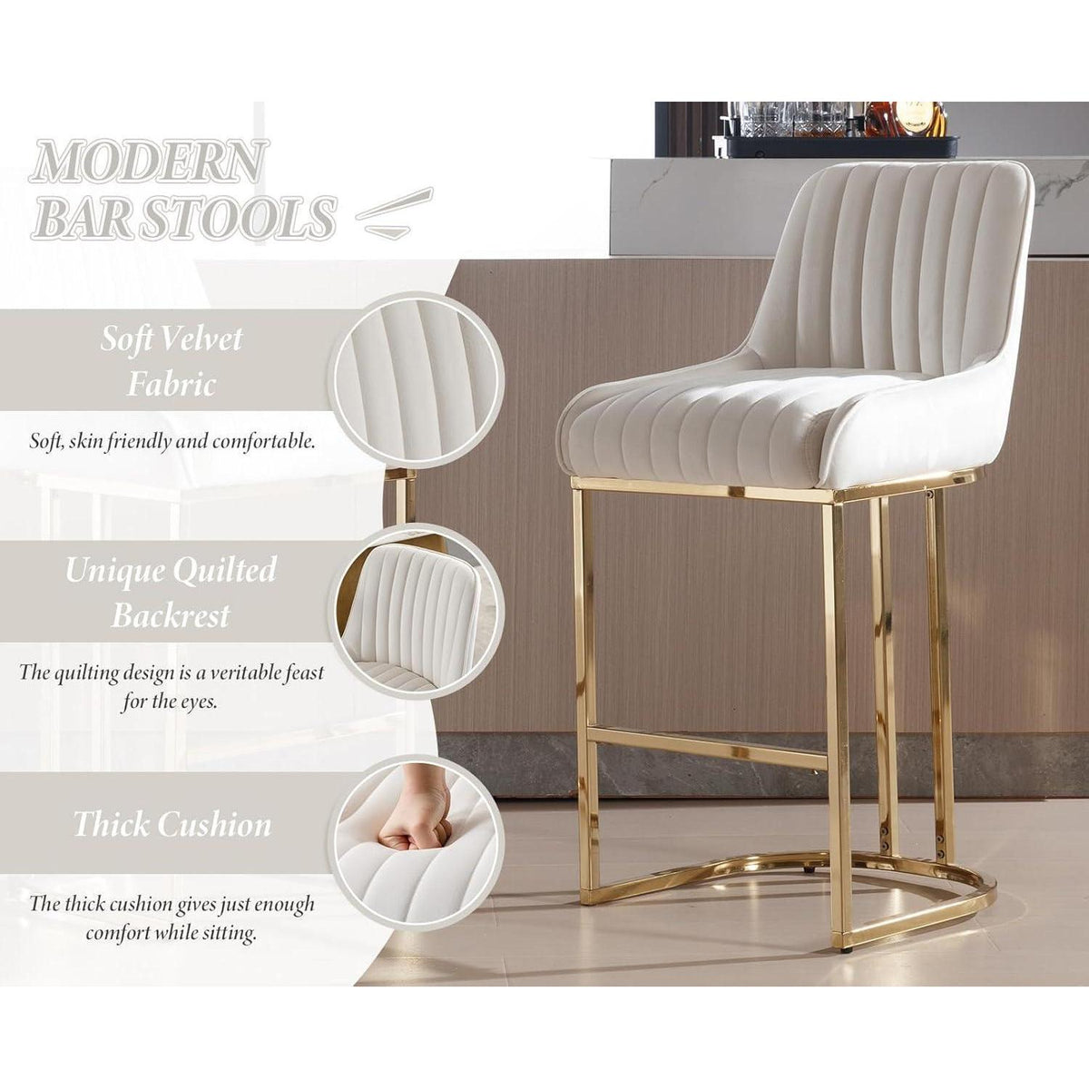 Barhocker Set 2er – Samt, Goldenes Metallbein, Weiß