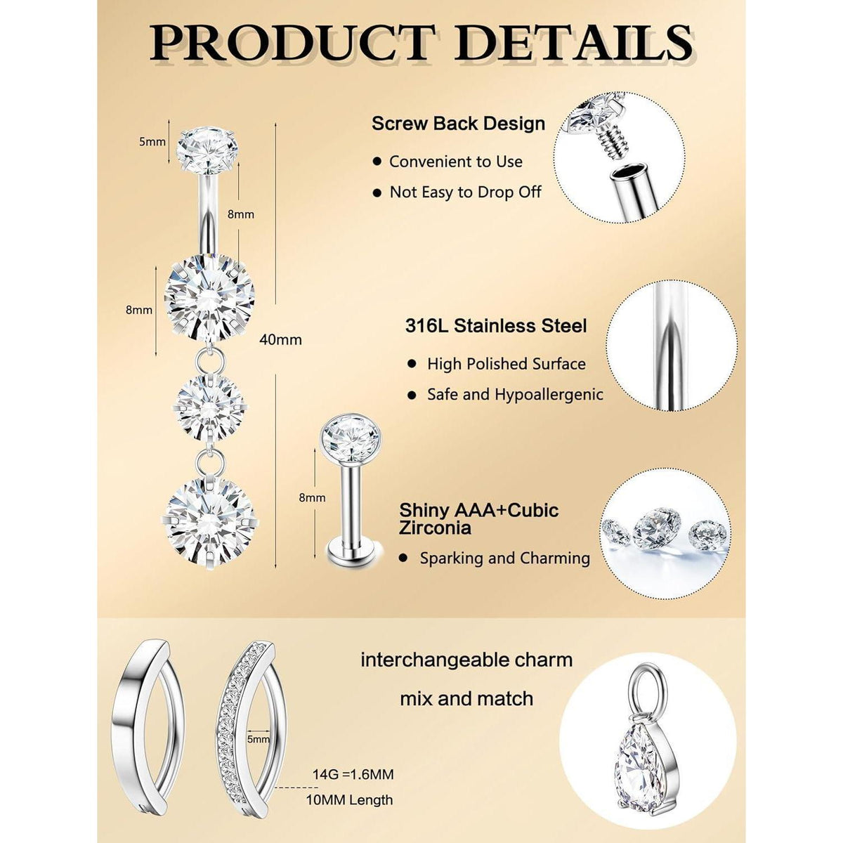 Chirurgenstahl Bauchnabelpiercing Set Silber/Gold mit Zirkonia, 8mm