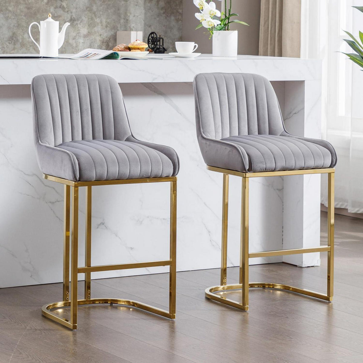 Barhocker Set Grau Samt mit goldenen Metallbeinen