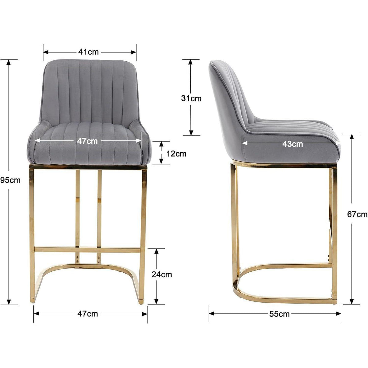 Barhocker Set Grau Samt mit goldenen Metallbeinen