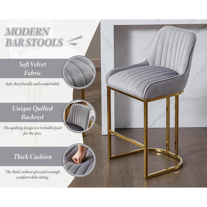 Barhocker Set Grau Samt mit goldenen Metallbeinen