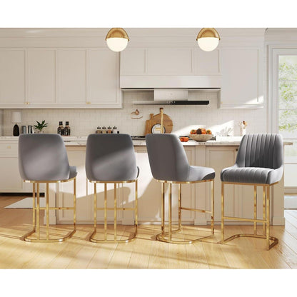 Barhocker Set Grau Samt mit goldenen Metallbeinen